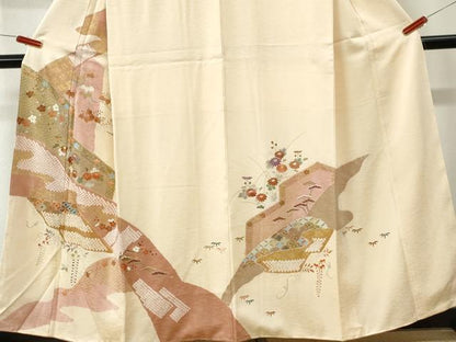 平和屋着物●訪問着　駒刺繍　絞り　花唐草文　金彩　正絹　逸品　未使用　CABM3949yc