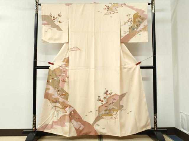 平和屋着物●訪問着　駒刺繍　絞り　花唐草文　金彩　正絹　逸品　未使用　CABM3949yc