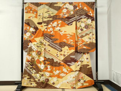 平和屋着物●豪華振袖　駒刺繍　吉祥花松文　金彩　正絹　逸品　CABM3954yc
