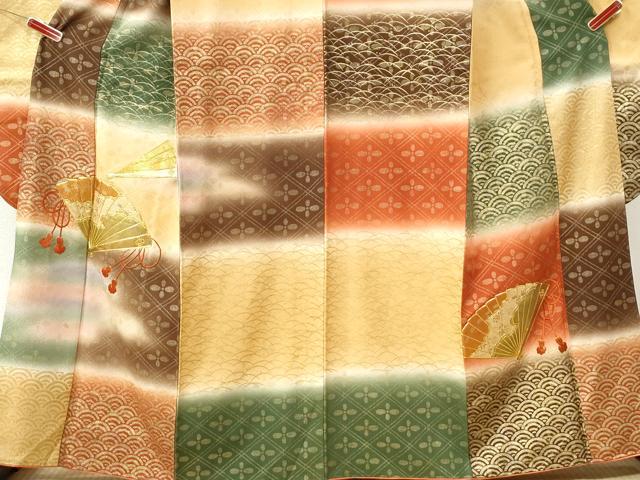 平和屋着物●豪華振袖　駒刺繍　檜扇吉祥花文　暈し染め　kinsna　正絹　逸品　CABM3961yc