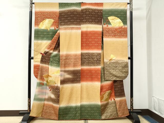 平和屋着物●豪華振袖　駒刺繍　檜扇吉祥花文　暈し染め　kinsna　正絹　逸品　CABM3961yc