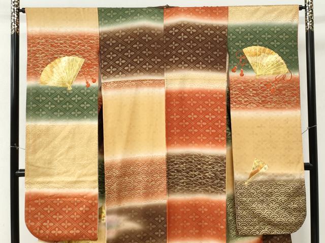 平和屋着物●豪華振袖　駒刺繍　檜扇吉祥花文　暈し染め　kinsna　正絹　逸品　CABM3961yc