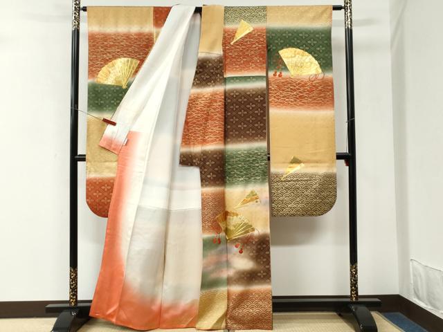 平和屋着物●豪華振袖　駒刺繍　檜扇吉祥花文　暈し染め　kinsna　正絹　逸品　CABM3961yc
