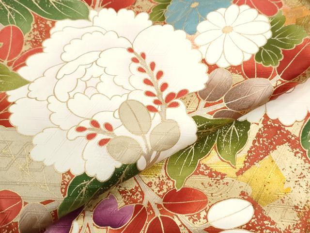 平和屋着物●豪華振袖　駒刺繍　牡丹花文　金彩　正絹　逸品　CABM3962yc