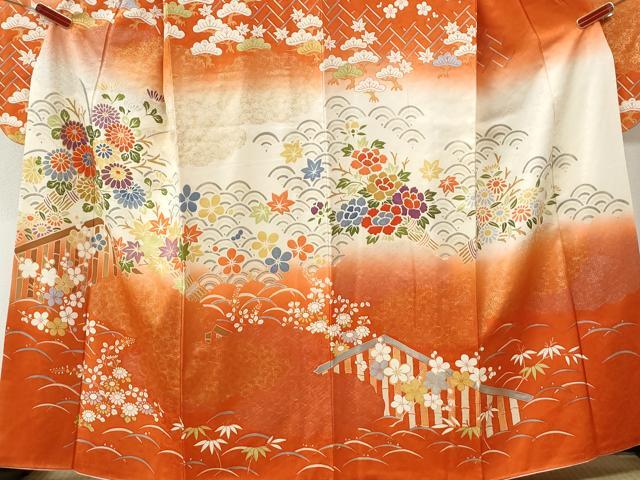 平和屋着物●豪華振袖　露芝松竹梅花文　暈し染め　金彩　正絹　逸品　CABM3969yc