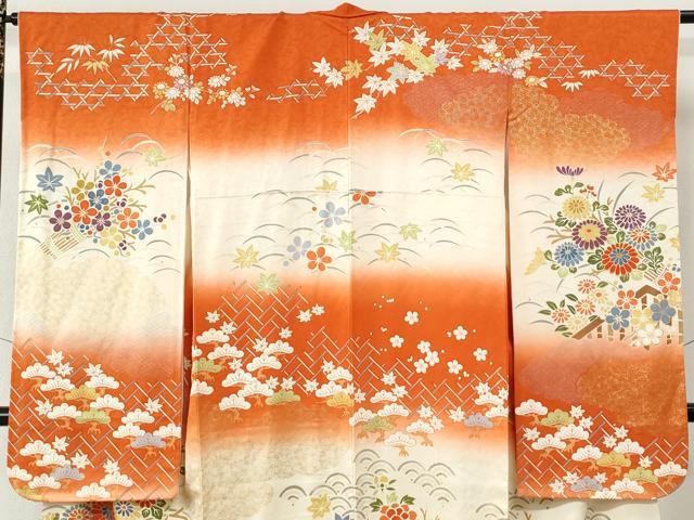 平和屋着物●豪華振袖　露芝松竹梅花文　暈し染め　金彩　正絹　逸品　CABM3969yc