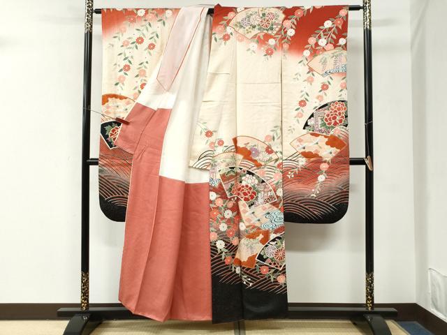 平和屋着物●豪華振袖　地紙御所車飛鶴牡丹花文　暈し染め　金彩　正絹　逸品　CABM3973yc
