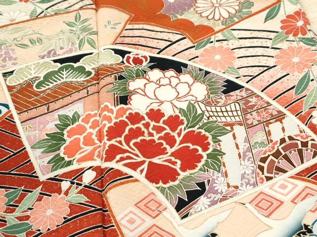 平和屋着物●豪華振袖　地紙御所車飛鶴牡丹花文　暈し染め　金彩　正絹　逸品　CABM3973yc