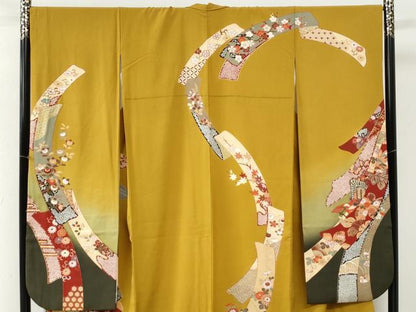 平和屋着物●豪華振袖　短冊渡り橋御所車花蝶文　暈し染め　金彩　正絹　逸品　CABM3975yc