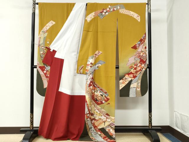 平和屋着物●豪華振袖　短冊渡り橋御所車花蝶文　暈し染め　金彩　正絹　逸品　CABM3975yc