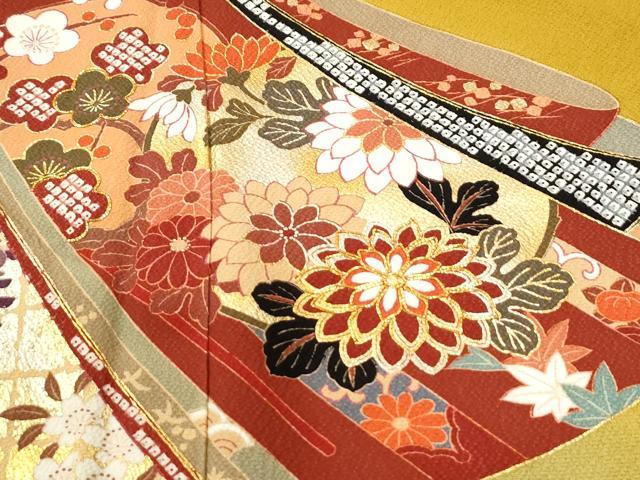 平和屋着物●豪華振袖　短冊渡り橋御所車花蝶文　暈し染め　金彩　正絹　逸品　CABM3975yc