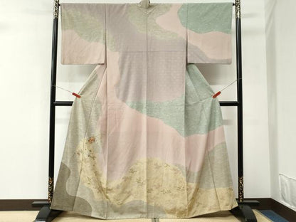 平和屋着物●訪問着　駒刺繍　万寿菊草花文　金彩　正絹　逸品　CABM3979yc