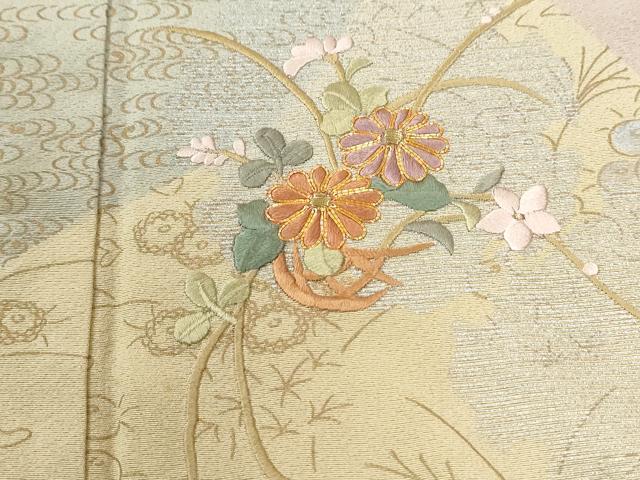 平和屋着物●訪問着　駒刺繍　万寿菊草花文　金彩　正絹　逸品　CABM3979yc