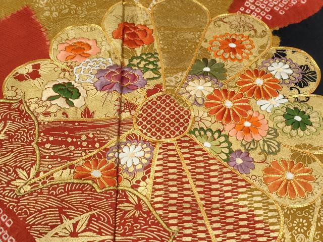 平和屋着物●豪華振袖　駒刺繍　絞り　流水舞花文　黒地　金彩　鈴乃屋扱い　正絹　逸品　CABM3991yc