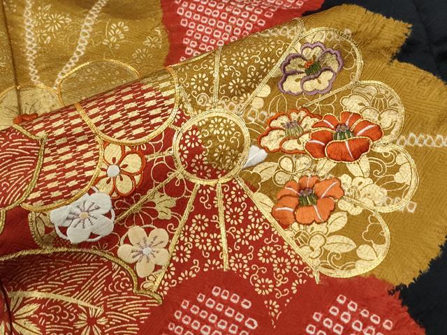 平和屋着物●豪華振袖　駒刺繍　絞り　流水舞花文　黒地　金彩　鈴乃屋扱い　正絹　逸品　CABM3991yc