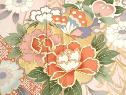 平和屋着物●豪華振袖　駒刺繍　雪輪花蝶文　金彩　正絹　逸品　CABM3998yc