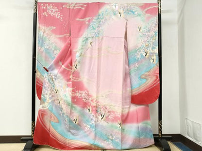 平和屋着物●豪華振袖　流水飛鶴舞桜文　暈し染め　金彩　正絹　逸品　未使用　CABM3999yc