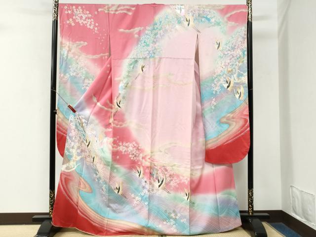 平和屋着物●豪華振袖　流水飛鶴舞桜文　暈し染め　金彩　正絹　逸品　未使用　CABM3999yc