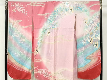 平和屋着物●豪華振袖　流水飛鶴舞桜文　暈し染め　金彩　正絹　逸品　未使用　CABM3999yc