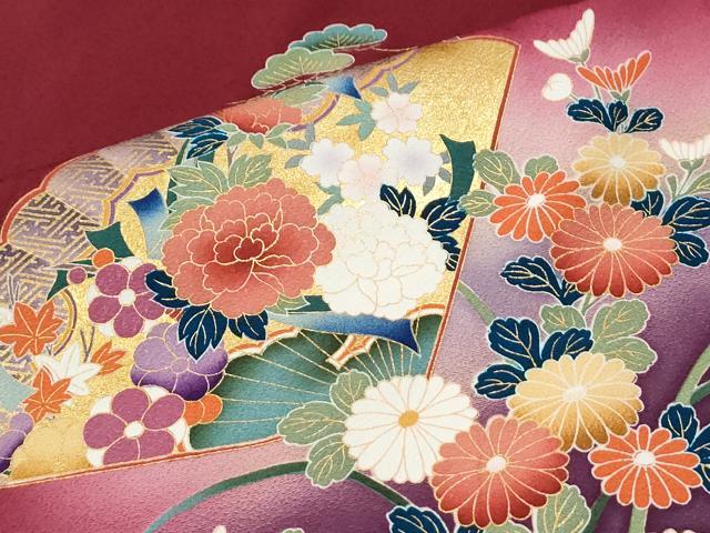 平和屋着物●ブライダルファッションデザイナー・桂由美 振袖 十二単風 檜扇鬘帯鳳凰御所車花文 暈し染め 金彩 正絹 逸品 CABM4000yc
