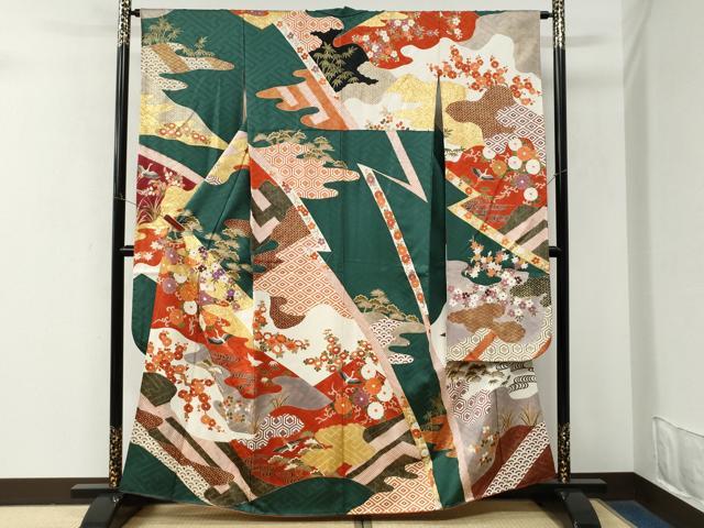 平和屋着物●豪華振袖　駒刺繍　流水飛鶴松竹梅花文　金彩　正絹　逸品　CABM4002yc