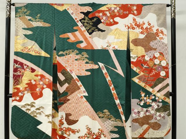 平和屋着物●豪華振袖　駒刺繍　流水飛鶴松竹梅花文　金彩　正絹　逸品　CABM4002yc