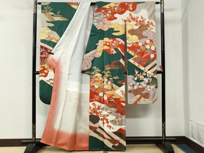 平和屋着物●豪華振袖　駒刺繍　流水飛鶴松竹梅花文　金彩　正絹　逸品　CABM4002yc