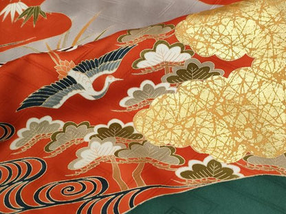 平和屋着物●豪華振袖　駒刺繍　流水飛鶴松竹梅花文　金彩　正絹　逸品　CABM4002yc