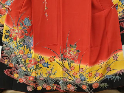 平和屋着物●豪華振袖　型染め　流水牡丹草花文　暈し染め　鈴乃屋扱い　正絹　逸品　CABM4003yc