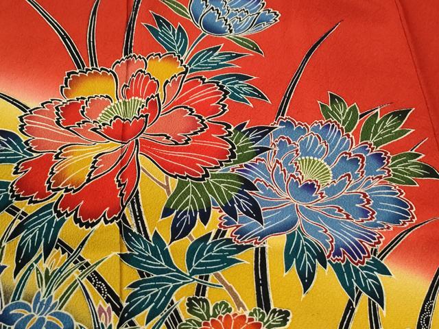 平和屋着物●豪華振袖　型染め　流水牡丹草花文　暈し染め　鈴乃屋扱い　正絹　逸品　CABM4003yc