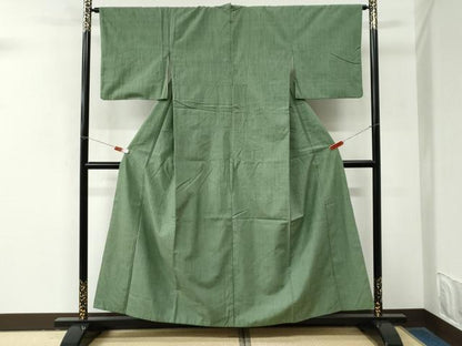 平和屋着物●結城紬　色無地　老竹色　正絹　逸品　CABM4046yc