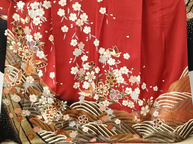 平和屋着物●豪華振袖　駒刺繍　立波舞蝶舞桜文　暈し染め　金彩　正絹　逸品　CABM4047yc