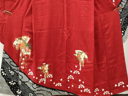 平和屋着物●豪華振袖　駒刺繍　絞り　扇面牡丹花文　金糸　正絹　逸品　CABM4050yc
