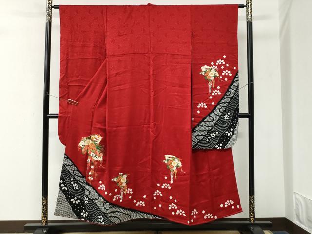 平和屋着物●豪華振袖　駒刺繍　絞り　扇面牡丹花文　金糸　正絹　逸品　CABM4050yc