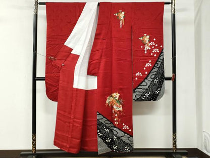 平和屋着物●豪華振袖　駒刺繍　絞り　扇面牡丹花文　金糸　正絹　逸品　CABM4050yc