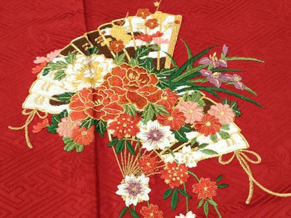 平和屋着物●豪華振袖　駒刺繍　絞り　扇面牡丹花文　金糸　正絹　逸品　CABM4050yc