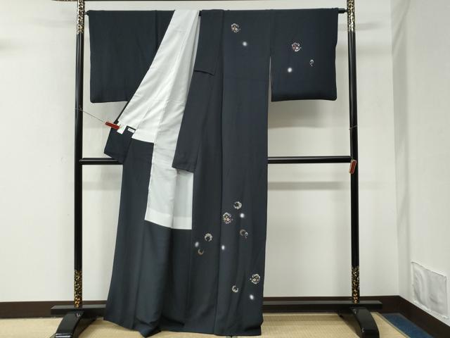 平和屋着物●訪問着　総刺繍　舞桜丸文　蛍暈し　紺地　金銀糸　正絹　逸品　CABM4055yc