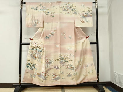 平和屋着物●訪問着　駒刺繍　渡り橋風景文　暈し染め　金彩　正絹　逸品　CABM4062yc