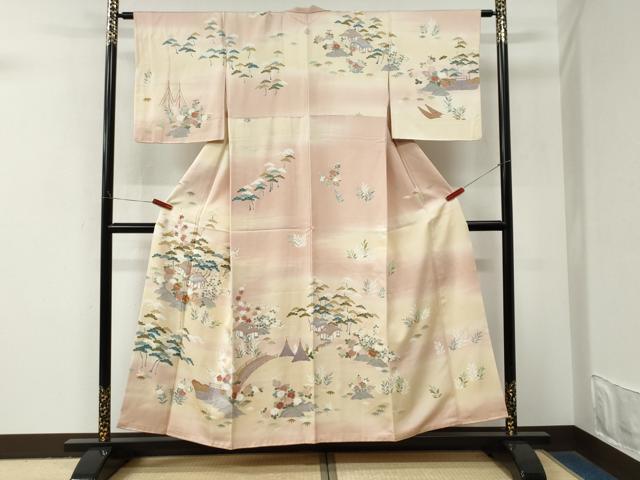 平和屋着物●訪問着　駒刺繍　渡り橋風景文　暈し染め　金彩　正絹　逸品　CABM4062yc
