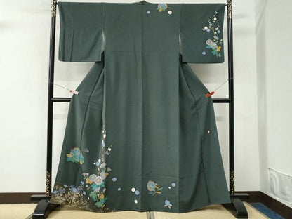 平和屋着物●訪問着　作家物　舞蝶牡丹枝梅菊花文　金彩　正絹　逸品　CABM4077yc