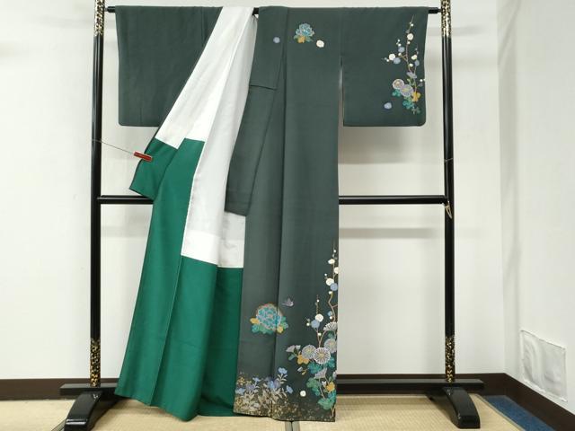 平和屋着物●訪問着　作家物　舞蝶牡丹枝梅菊花文　金彩　正絹　逸品　CABM4077yc