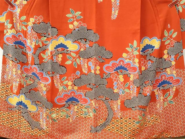 平和屋着物●和染紅型　栗山紅型　栗山吉三郎　振袖　枝松吉祥花文　鬼しぼ縮緬　正絹　逸品　CABM4082yc