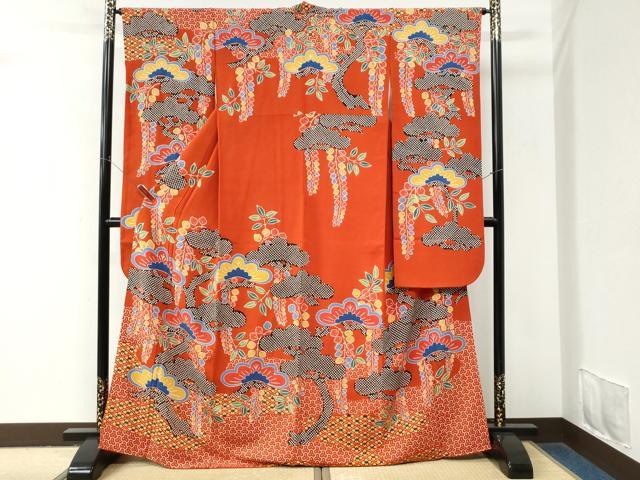 平和屋着物●和染紅型　栗山紅型　栗山吉三郎　振袖　枝松吉祥花文　鬼しぼ縮緬　正絹　逸品　CABM4082yc