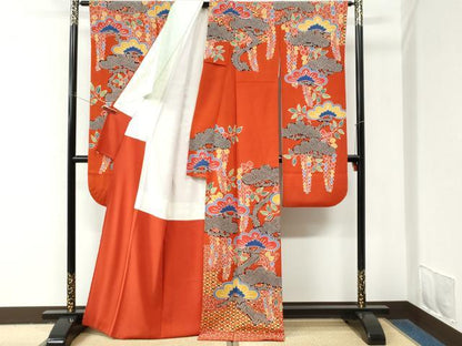 平和屋着物●和染紅型　栗山紅型　栗山吉三郎　振袖　枝松吉祥花文　鬼しぼ縮緬　正絹　逸品　CABM4082yc