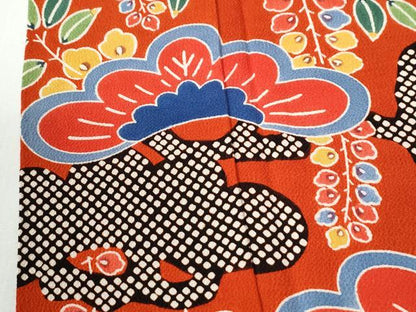 平和屋着物●和染紅型　栗山紅型　栗山吉三郎　振袖　枝松吉祥花文　鬼しぼ縮緬　正絹　逸品　CABM4082yc
