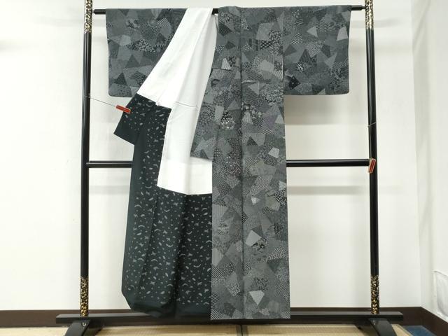 平和屋着物●江戸小紋　寄せ小紋柄　黒地　ますいわ屋扱い　正絹　逸品　CABM4088yc