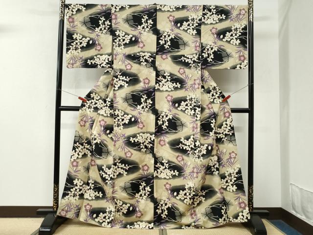 平和屋着物●小紋　草花文　黒地　洗える着物　CABM4098yc