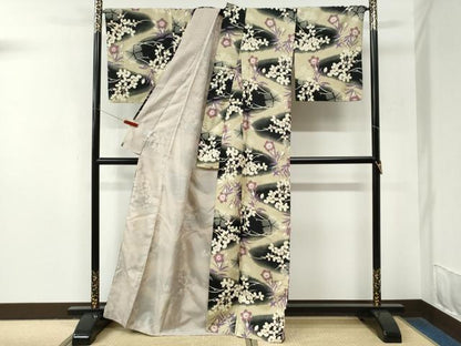 平和屋着物●小紋　草花文　黒地　洗える着物　CABM4098yc