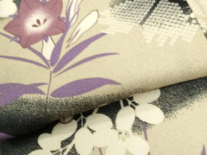 平和屋着物●小紋　草花文　黒地　洗える着物　CABM4098yc