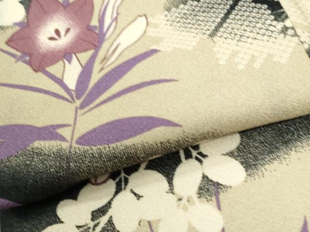 平和屋着物●小紋　草花文　黒地　洗える着物　CABM4098yc